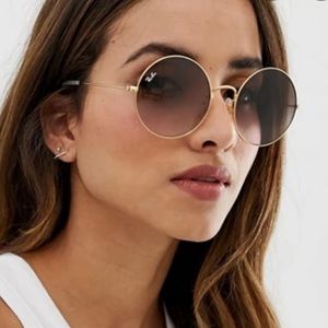 NWB Ray-Ban Ja-Jo round gold metal sunglasses with light brown/blue gradient.